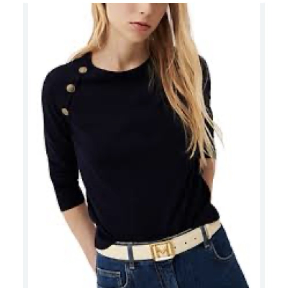 Marella Women's Black Serata Crewneck Sweater M Gold Buttons Preppy Luxury Top